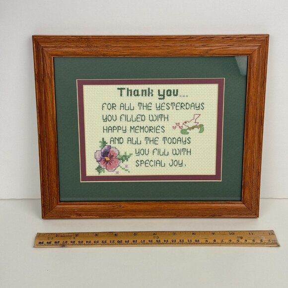Vtg Framed w Matboard Cross Stitch Quote Thank you Filled w Happy Memories Joy - Picture 1 of 11
